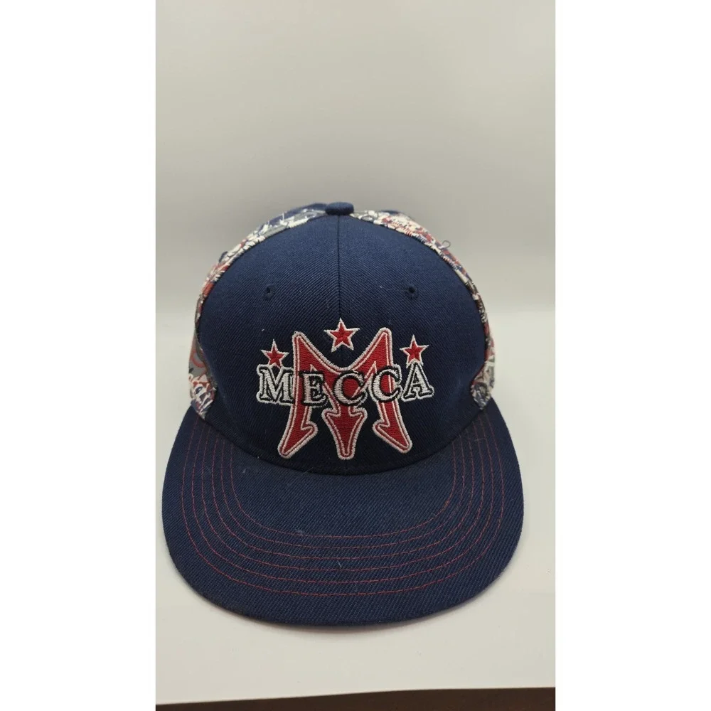 MECCA USA Snapback Hat Navy Red White Blue Abstract Graphic Streetwear Cap Y2k